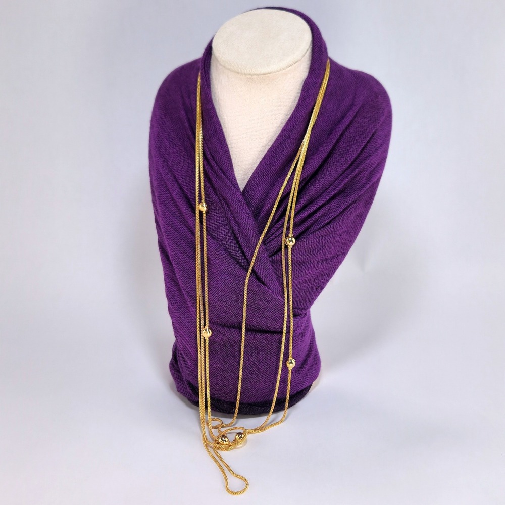 Gold Tone Triple Strand Necklace Ball Station Beads Long Opera Length